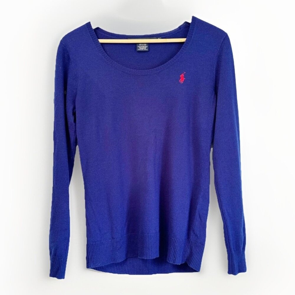 VTG Ralph Lauren Sport Women’s Large Blue Y2K Merino Wool Sweater Logo Classic